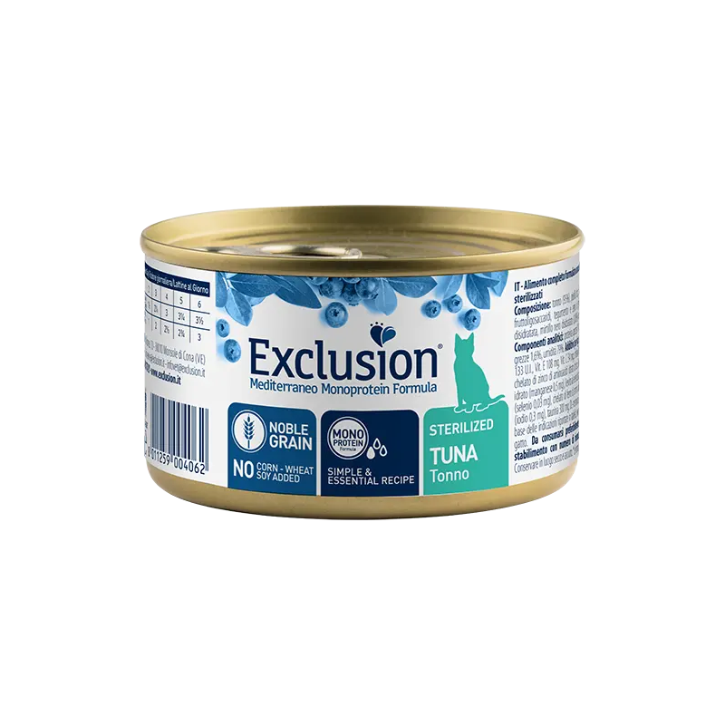 Exclusion Mediterraneo Monoprotein Noble Grain Cibo Umido Tonno Per Gatti Sterilizzati 85g